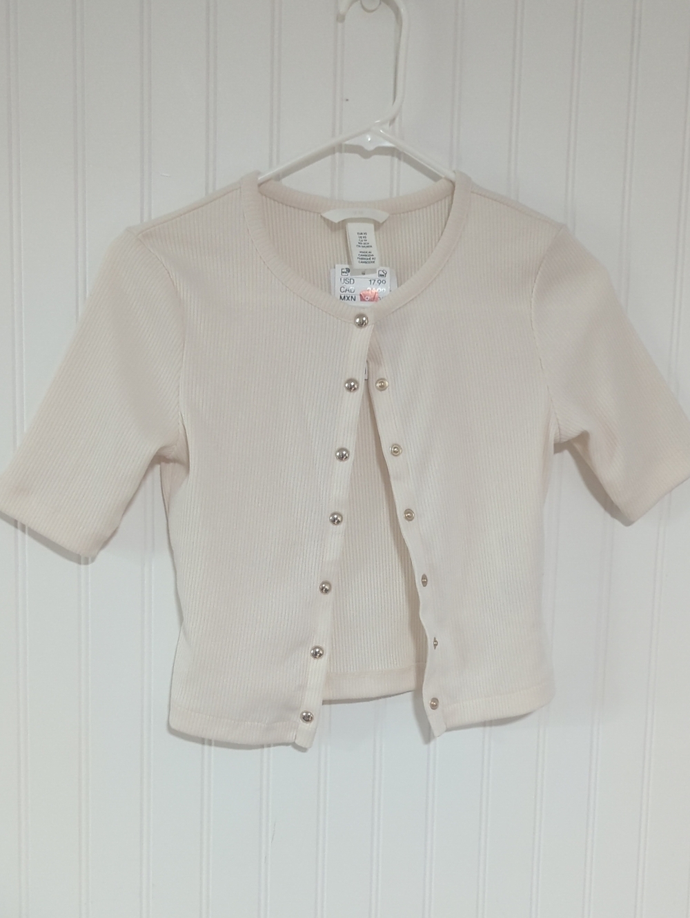 H&M Cream Ribbed Pearl-Button Short Sleeve Top